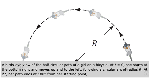 A birds-eye view of the half-circular path of a girl on a bicycle. At t = 0, she starts at
the bottom right and moves up and to the left, following a circular arc of radius R. At
At, her path ends at 180° from her starting point,
