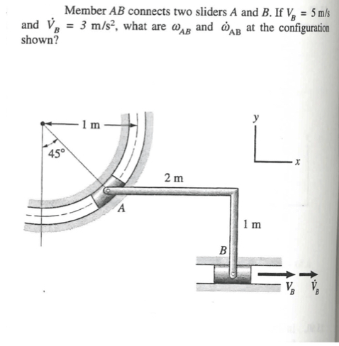 Member AB connects two sliders A and B. If V = 5 m/s
and V = 3 m/s², what are AB and AB at the configuration
shown?
45⁰
1 m
2 m
B
L.
1 m