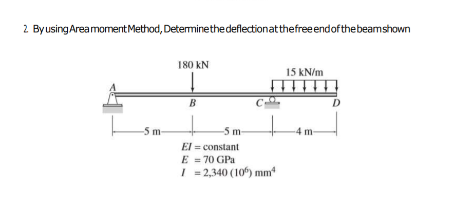2. By using Areamoment Method, Determinethe deflectionatthefreeend of thebeamshown
180 kN
15 kN/m
D
-5 m-
-5 m-
-4 m-
El = constant
E = 70 GPa
I = 2,340 (10") mm4
