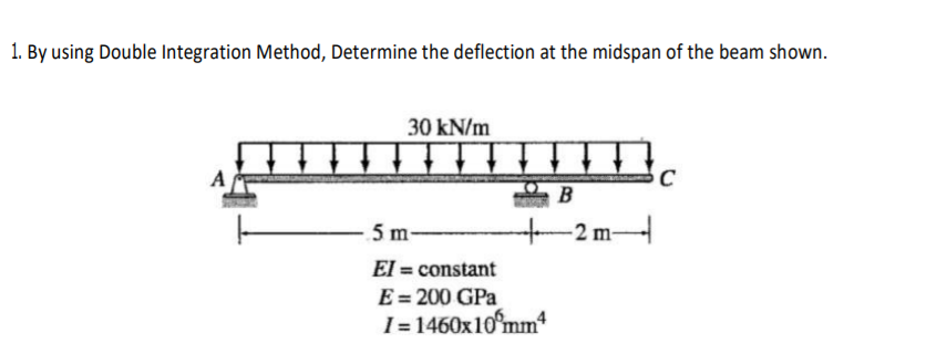 1. By using Double Integration Method, Determine the deflection at the midspan of the beam shown.
30 kN/m
B
5 m-
-2 m-
El
E = 200 GPa
I = 1460x10°mm
= constant
