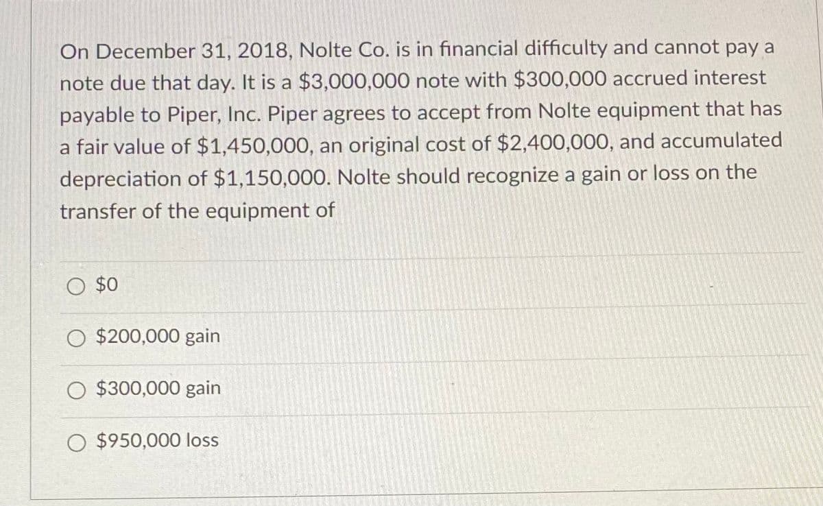 On December 31, 2018, Nolte Co. is in financial difficulty and cannot pay a
note due that day. It is a $3,000,000 note with $300,000 accrued interest
payable to Piper, Inc. Piper agrees to accept from Nolte equipment that has
a fair value of $1,450,000, an original cost of $2,400,000, and accumulated
depreciation of $1,150,000. Nolte should recognize a gain or loss on the
transfer of the equipment of
O $0
O $200,000 gain
O $300,000 gain
O $950,000 loss