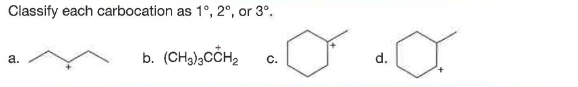 Classify each carbocation as 1°, 2°, or 3°.
b. (CHa),CCH2
a.
С.
d.
