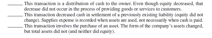 - This transaction is a distribution of cash to the owner. Even though equity decreased, that
decrease did not occur in the process of providing goods or services to customers.
- This transaction decreased cash in settlement of a previously existing liability (equity did not
change). Supplies expense is recorded when assets are used, not necessarily when cash is paid.
. This transaction involves the purchase of an asset. The form of the company's assets changed,
but total assets did not (and neither did equity).
