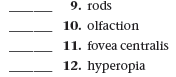 9. rods
10. olfaction
11. fovea centralis
12. hyperopia
