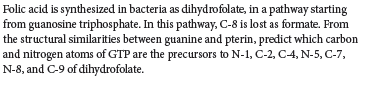 Folic acid is synthesized in bacteria as dihydrofolate, in a pathway starting
from guanosine triphosphate. In this pathway, C-8 is lost as formate. From
the structural similarities between guanine and pterin, predict which carbon
and nitrogen atoms of GTP are the precursors to N-1, C-2, C-4, N-5, C-7,
N-8, and C-9 of dihydrofolate.
