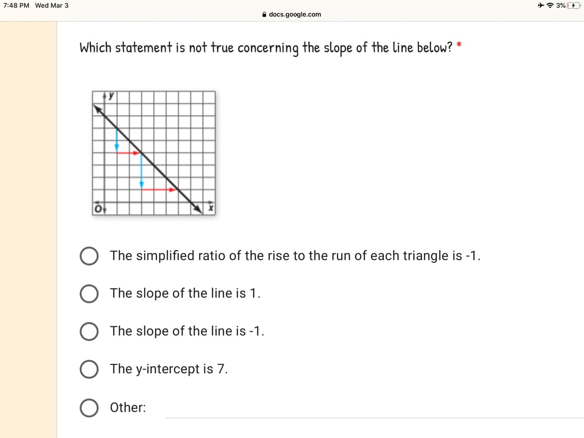 7:48 PM Wed Mar 3
A docs.google.com
Which statement is not true concerning the slope of the line below? *
The simplified ratio of the rise to the run of each triangle is -1.
The slope of the line is 1.
O The slope of the line is -1.
O The y-intercept is 7.
O Other:
