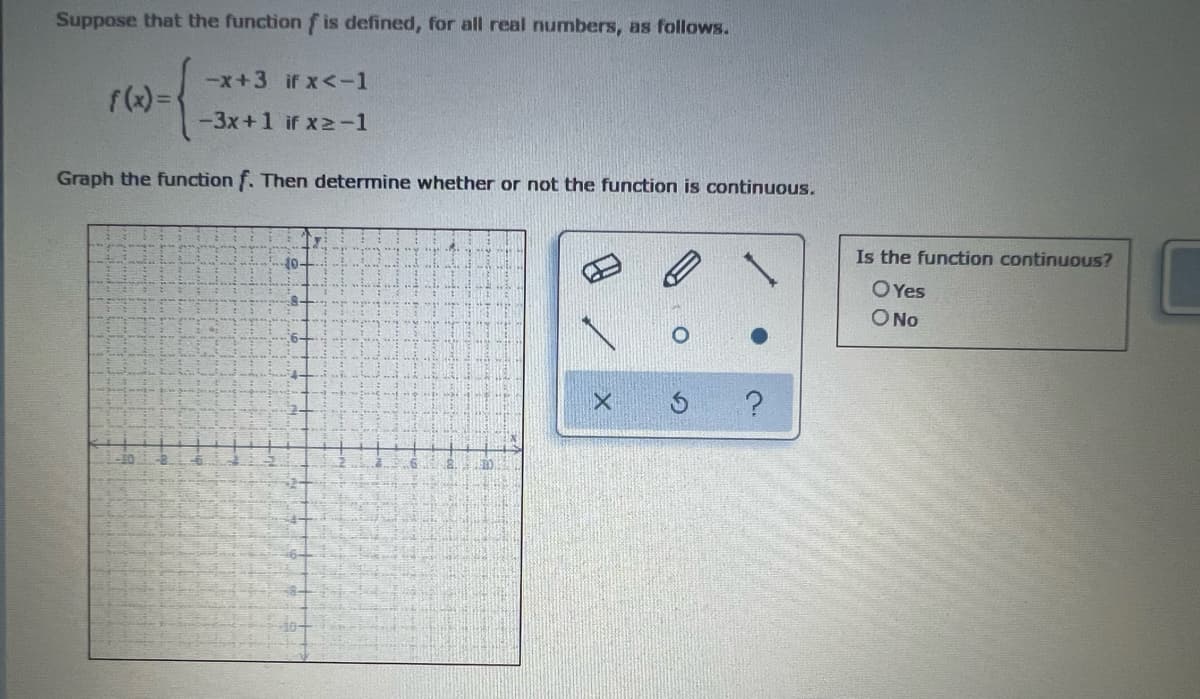 Suppose that the function f is defined, for all real numbers, as follows.
-x+3 if x<-1
f(x) =
-3x+1 if x2-1
Graph the function f. Then determine whether or not the function is continuous.
C
Is the function continuous?
10-
OYes
ONo
