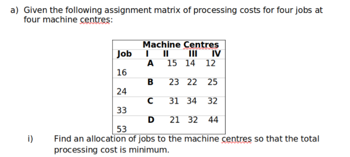a) Given the following assignment matrix of processing costs for four jobs at
four machine centres:
Machine Centres
Job
II
IV
A
15 14 12
16
B
23 22 25
24
C
31 34
32
33
D
21 32 44
53
Find an allocation of jobs to the machine centres so that the total
processing cost is minimum.
i)
