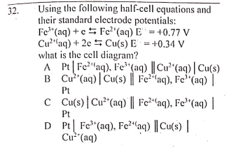 Using the following half-cell equations and
their standard electrode potentials:
Fe"(aq) + e 5 Fc2"(aq) E' = +0.77 V
Cu?"aq) + 2e 5 Cu(s) E = +0.34 V
what is the cell diagram?
A Pt|Fe?"aq), Fe"(aq) || Cu²"(aq) | Cu(s)
B Cu (aq)| Cu(s) || Fe²"aq), Fe"(aq) |
32.
Pt
c Cu(s)|Cu²*(aq) || Fe²"aq), Fe*"(aq) |
Pt
D Pt| Fe"(aq), Fe²“aq) || Cu(s) |
Cu²"(aq)
