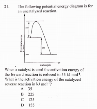 The following potential energy diagram is for
an uncatalysed reaction.
21.
190
Katen pah
When a catalyst is used the activation energy of
the forward reaction is reduced to 35 kJ mol".
What is the activation energy of the catalyzed
reverse reaction in kJ mol·'?
A 35
в 225
с 125
D 155
Potential energsy
