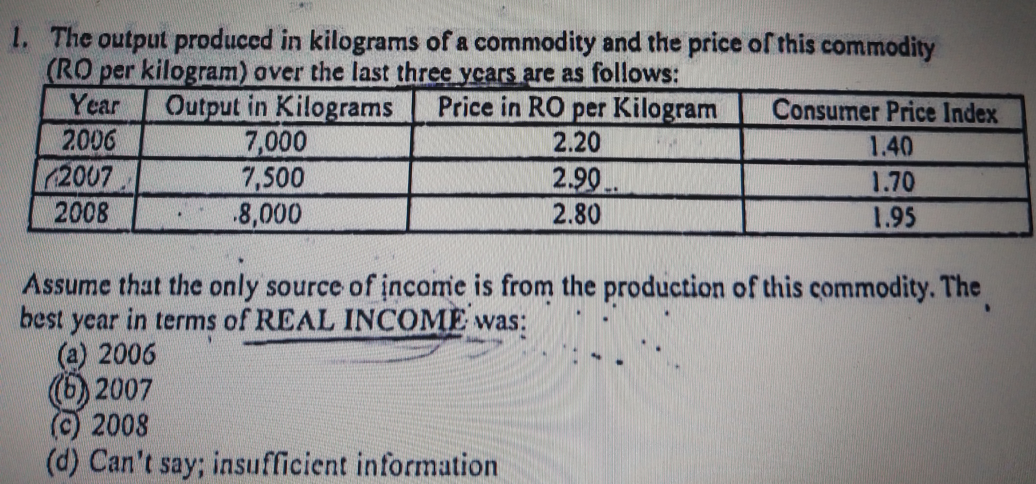 The output produced in kilograms of a commodity and the price of this commodity
(RO per kilogram) over the last three ycars are as follows:
