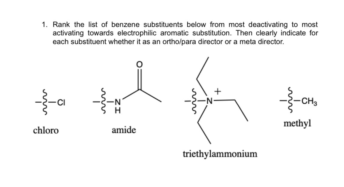 1. Rank the list of benzene substituents below from most deactivating to most
activating towards electrophilic aromatic substitution. Then clearly indicate for
each substituent whether
as an ortho/para director or a meta director.
-CH3
methyl
chloro
amide
triethylammonium
