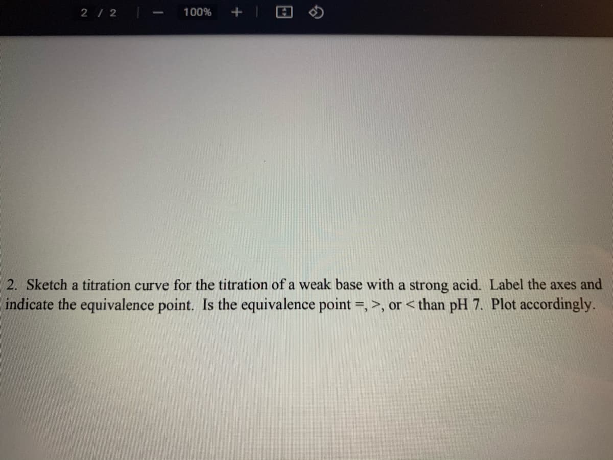 2 /2
100%
2. Sketch a titration curve for the titration of a weak base with a strong acid. Label the axes and
indicate the equivalence point. Is the equivalence point =, >, or < than pH 7. Plot accordingly.
