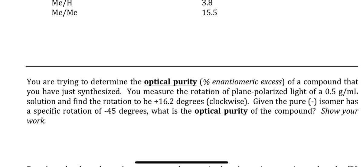 Me/H
3.8
Me/Me
15.5
You are trying to determine the optical purity (% enantiomeric excess) of a compound that
you have just synthesized. You measure the rotation of plane-polarized light of a 0.5 g/mL
solution and find the rotation to be +16.2 degrees (clockwise). Given the pure (-) isomer has
a specific rotation of -45 degrees, what is the optical purity of the compound? Show,
work.
your
