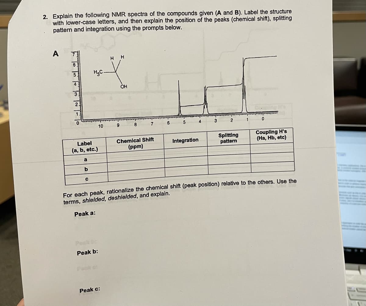 2. Explain the following NMR spectra of the compounds given (A and B). Label the structure
with lower-case letters, and then explain the position of the peaks (chemical shift), splitting
pattern and integration using the prompts below.
A
H.
H
6
H3C-
OH
3
10
9
8.
7
6.
4
3
2
1
Splitting
pattern
Coupling H's
(Ha, Hb, etc)
Label
Chemical Shift
Integration
(a, b, etc.)
(ppm)
b.
For each peak, rationalize the chemical shift (peak position) relative to the others. Use the
terms, shielded, deshielded, and explain.
Peak a:
Peak b:
Pesk c
Peak c:
