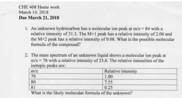 CHE 408 Home work
March 14. 2018
Due March 21, 2018
1. An unknown hydrocarbon has a molecular ion peak at m/z = 84 with a
relative intensity of 31.3. The M+1 peak has a relative intensity of 2.06 and
the M+2 peak has a relative intensity of 0.08. What is the possible molecular
formula of the compound?
2. The mass spectrum of an unknown liquid shows a molecular ion peak at
m/z=78 with a relative intensity of 23.6. The relative intensities of the
isotopic peaks are:
m/z
Relative intensity
79
1.00
80
7.55
81
0.25
What is the likely molecular formula of the unknown?