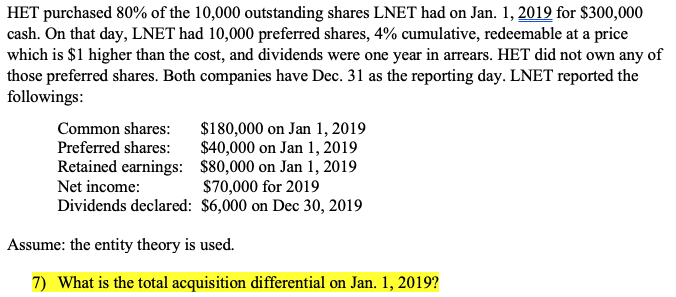 HET purchased 80% of the 10,000 outstanding shares LNET had on Jan. 1, 2019 for $300,000
cash. On that day, LNET had 10,000 preferred shares, 4% cumulative, redeemable at a price
which is $1 higher than the cost, and dividends were one year in arrears. HET did not own any of
those preferred shares. Both companies have Dec. 31 as the reporting day. LNET reported the
followings:
Common shares:
$180,000 on Jan 1, 2019
$40,000 on Jan 1, 2019
Retained earnings: $80,000 on Jan 1, 2019
$70,000 for 2019
Dividends declared: $6,000 on Dec 30, 2019
Preferred shares:
Net income:
Assume: the entity theory is used.
7) What is the total acquisition differential on Jan. 1, 2019?
