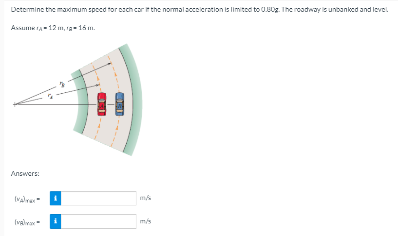 Determine the maximum speed for each car if the normal acceleration is limited to 0.80g. The roadway is unbanked and level.
Assume ra = 12 m, rg = 16 m.
Answers:
(VA) max =
m/s
(ve) max =
m/s
