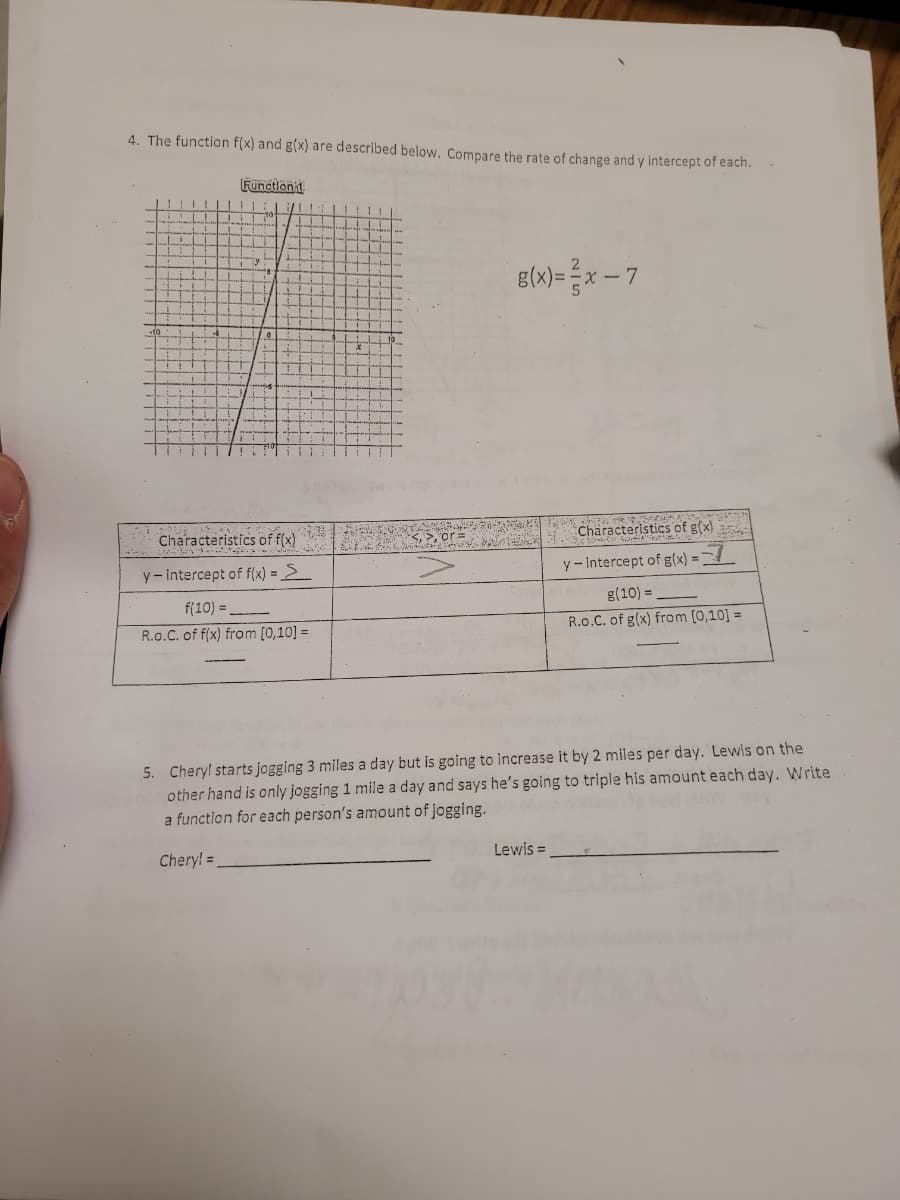 4. The function f(x) and g(x) are described below. Compare the rate of change and y intercept of each.
Functlonit
E(x)= x - 7
Characteristics of f(x)
<, >, or=
Characteristics of g(x)
a
y- intercept of f(x) = >_
y- intercept of g(x) =
f(10) =
g(10) =
R.o.C. of f(x) from [0,10] =
R.o.C. of g(x) from [0,10] =
5. Chery! starts jogging 3 miles a day but is going to increase it by 2 miles per day. Lewis on the
other hand is only jogging 1 mile a day and says he's going to triple his amount each day. Write
a function for each person's amount of jogging.
Chery! =
Lewis =
