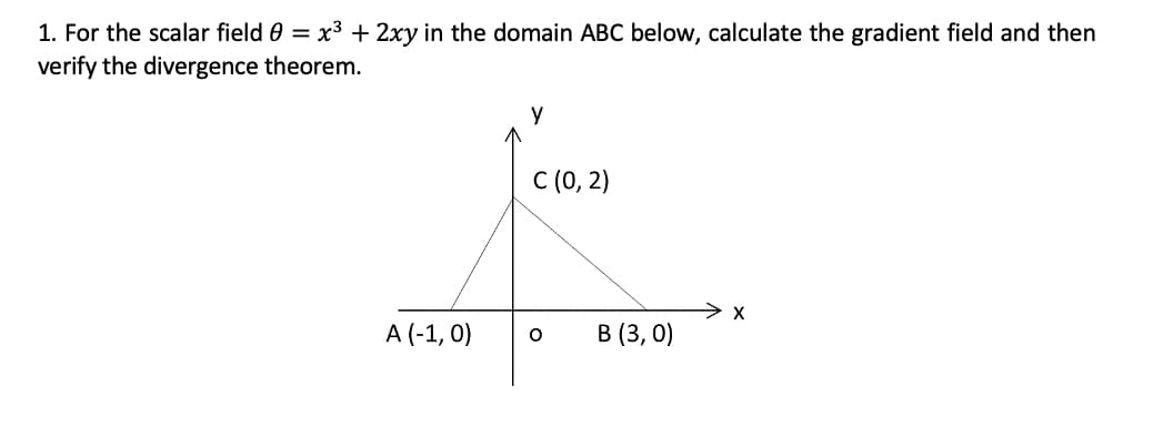 1. For the scalar field 0 = x3 + 2xy in the domain ABC below, calculate the gradient field and then
verify the divergence theorem.
C (0, 2)
A (-1, 0)
В (3, 0)
