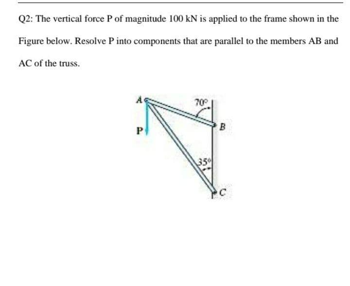 Q2: The vertical force P of magnitude 100 kN is applied to the frame shown in the
Figure below. Resolve P into components that are parallel to the members AB and
AC of the truss.
70
B
P
35
