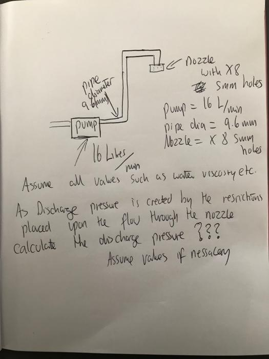 e nozzle
With X8.
* Smm holes
Pyre
Pump =
pi pe dia = 9.6 mm
Nbzzle = X 8 Smm
holes
PumPt
Assume all valwes Such as wate. viscOsty etc.
A> Dischase pressue is Crected by He resnchans
plaad
upan te flow Hurough He nuzzle
Calculate the do chare presive 3??
Assume vuhos f nesulay
