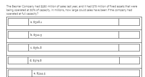 The Besnier Company had $250 million of sales last year, and it had $75 million of fixed assets that were
being operated at 80% of capacity. In millions, how large could sales have been if the company had
operated at full capacity?
a. $328.1
b. $312.5
c. $361.8
d. $379.8
e. $344-5
