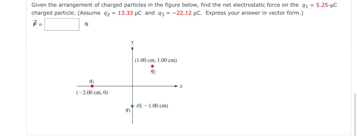 Given the arrangement of charged particles in the figure below, find the net electrostatic force on the q1 = 5.25-µC
charged particle. (Assume q2 = 13.33 µC and q3 = -22.12 µC. Express your answer in vector form.)
%3D
(1.00 cm, 1.00 cm)
92
(-2,00 cm, 0)
(0, — 1.00 сm)
93
