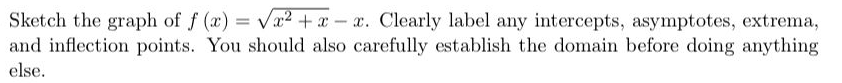 Sketch the graph of f (x) = Va2 + x- a. Clearly label any intercepts, asymptotes, extrema,
and inflection points. You should also carefully establish the domain before doing anything
else.
