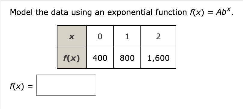 Model the data using an exponential function f(x) = Abx.
f(x) =
X
0 1
f(x) 400
2
800 1,600