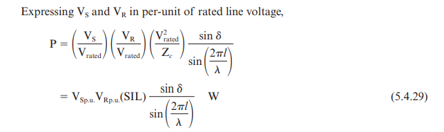 Expressing Vs and Vg in per-unit of rated line voltage,
Vs
P =
V rated
sin 8
rated
Vrated/
Z.
sin
sin 8
Vspu. VRp.u(SIL)
W
(5.4.29)
sin)
