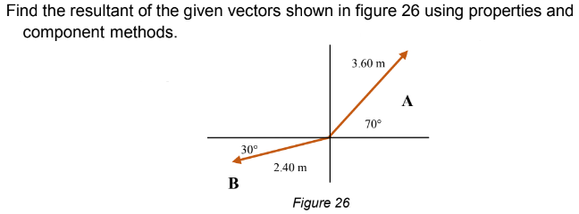 Find the resultant of the given vectors shown in figure 26 using properties and
component methods.
3.60 m
А
70°
30°
2,40 m
В
Figure 26
