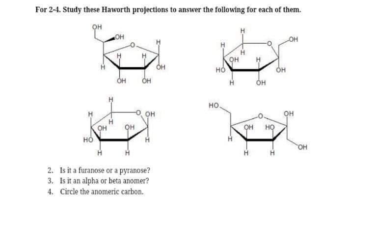 For 2-4. Study these Haworth projections to answer the following for each of them.
он
H
HO
OH
он
но
он
он
но.
-O OH
OH
H
OH
он
он
HỌ
но
OH
2. Is it a furanose or a pyranose?
3. Is it an alpha or beta anomer?
4. Circle the anomeric carbon.
