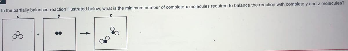 In the partially balanced reaction illustrated below, what is the minimum number of complete x molecules required to balance the reaction with complete y and z molecules?
y
00
శి
