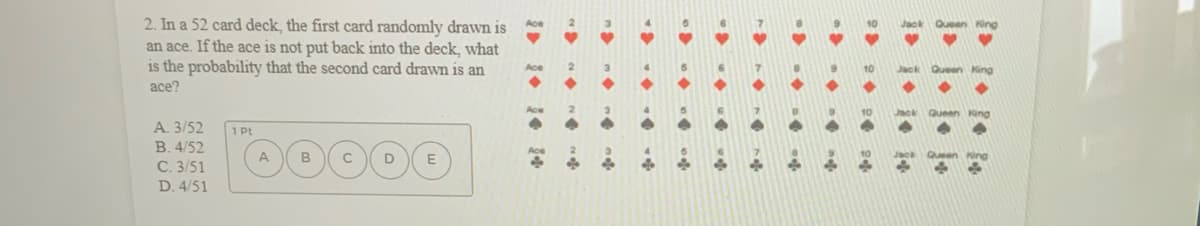 2. In a 52 card deck, the first card randomly drawn is
an ace. If the ace is not put back into the deck, what
is the probability that the second card drawn is an
King
ace?
Ace
Queen
King
А. 3/52
1 Pt
B. 4/52
C. 3/51
D. 4/51
A.
