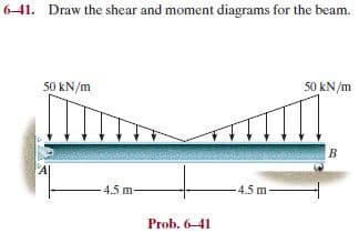 6-41. Draw the shear and moment diagrams for the beam.
50 kN/m
50 kN/m
B
4.5 m-
4.5 m
Prob. 6-41
