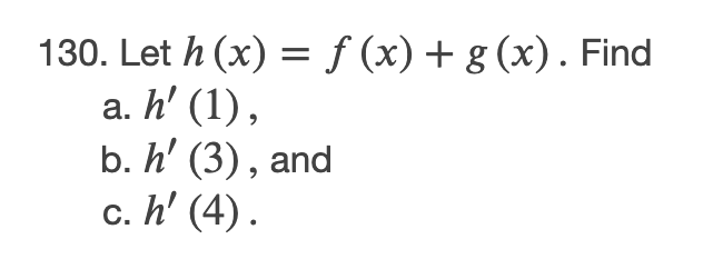 130. Let h (x) = ƒ (x) + g (x). Find
а. h' (1),
b. h' (3) , and
с. h' (4).
