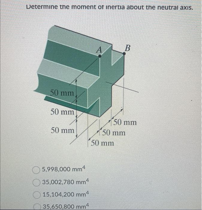 Determine the moment of inertia about the neutral axis.
50 mm
50 mm
50 mm
5,998,000 mm4
35,002,780 mm4
15,104,200 mm4
35,650,800 mm4
A
50 mm
50 mm
B
50 mm