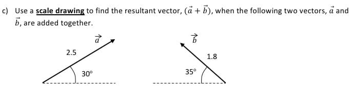 c) Use a scale drawing to find the resultant vector, (a + b), when the following two vectors, a and
b, are added together.
2.5
30°
B
35°
1.8