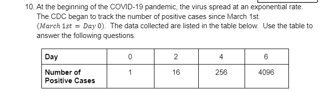 10. At the beginning of the COVID-19 pandemic, the virus spread at an exponential rate.
The CDC began to track the number of positive cases since March 1st.
(March 1st = Day 0). The data collected are listed in the table below. Use the table to
answer the following questions.
Day
4
Number of
1
16
256
4096
Positive Cases
