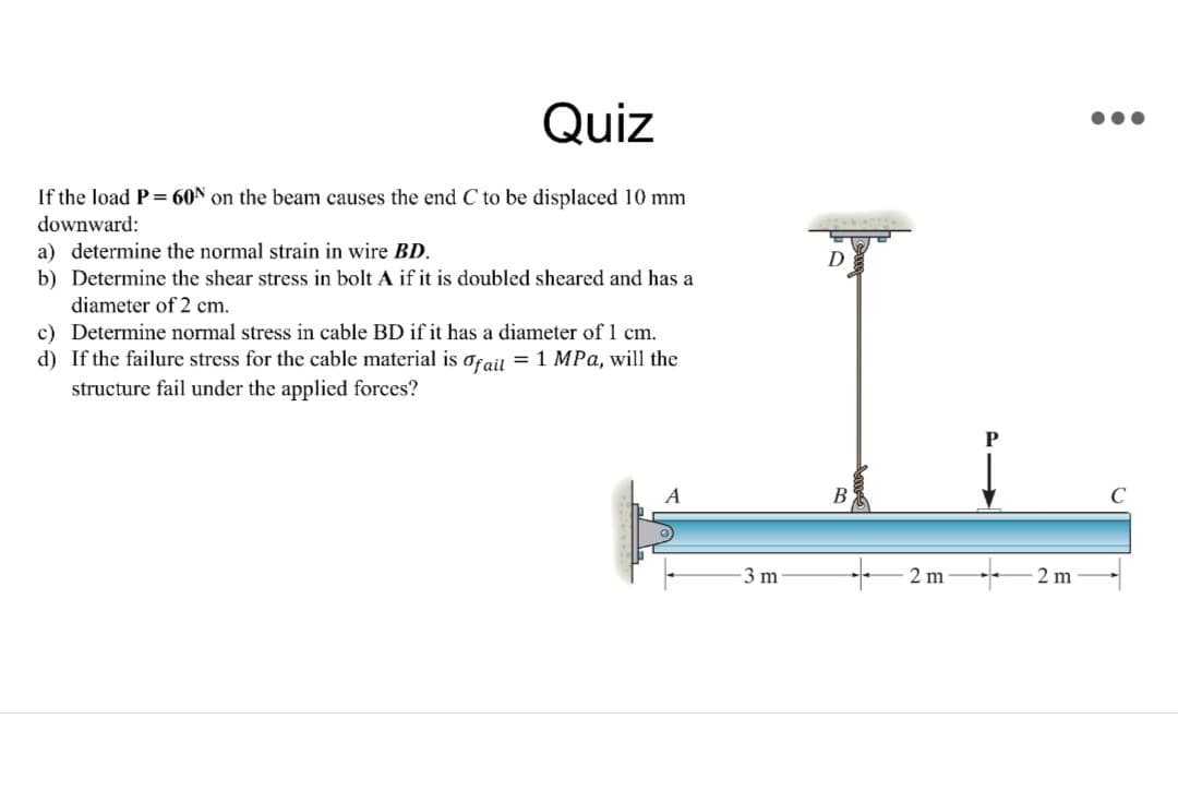 Quiz
0..
If the load P= 60N on the beam causes the end C to be displaced 10 mm
downward:
a) determine the normal strain in wire BD.
b) Determine the shear stress in bolt A if it is doubled sheared and has a
diameter of 2 cm.
D
c) Determine normal stress in cable BD if it has a diameter of 1 cm.
d) If the failure stress for the cable material is ofail = 1 MPa, will the
structure fail under the applied forces?
A
B
3 m
- 2 m
2 m
