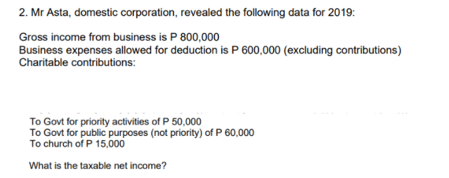 2. Mr Asta, domestic corporation, revealed the following data for 2019:
Gross income from business is P 800,000
Business expenses allowed for deduction is P 600,000 (excluding contributions)
Charitable contributions:
To Govt for priority activities of P 50,000
To Govt for public purposes (not priority) of P 60,000
To church of P 15,000
What is the taxable net income?
