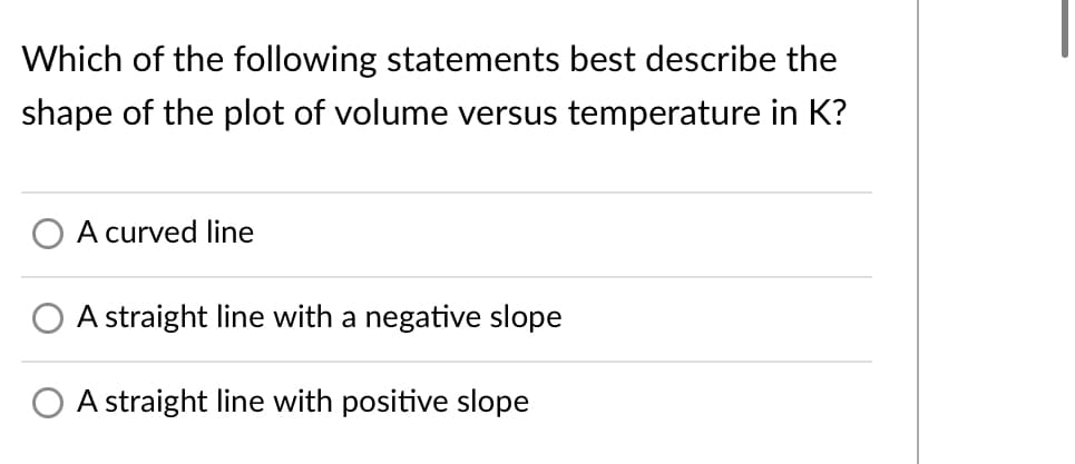 Which of the following statements best describe the
shape of the plot of volume versus temperature in K?
A curved line
A straight line with a negative slope
O A straight line with positive slope
