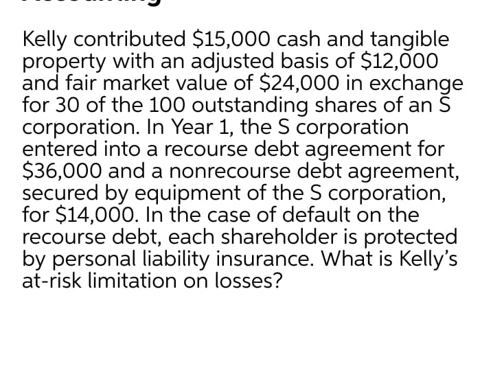 Kelly contributed $15,000 cash and tangible
property with an adjusted basis of $12,000
and fair market value of $24,000 in exchange
for 30 of the 100 outstanding shares of an Š
corporation. In Year 1, the S corporation
entered into a recourse debt agreement for
$36,000 and a nonrecourse debt agreement,
secured by equipment of the S corporation,
for $14,000. In the case of default on the
recourse debt, each shareholder is protected
by personal liability insurance. What is Kelly's
at-risk limitation on losses?
