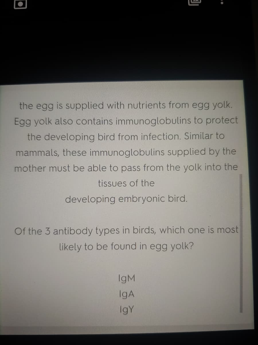 the egg is supplied with nutrients from egg yolk.
Egg yolk also contains immunoglobulins to protect
the developing bird from infection. Similar to
mammals, these immunoglobulins supplied by the
mother must be able to pass from the yolk into the
tissues of the
developing embryonic bird.
Of the 3 antibody types in birds, which one is most
likely to be found in egg yolk?
IgM
IgA
IgY
