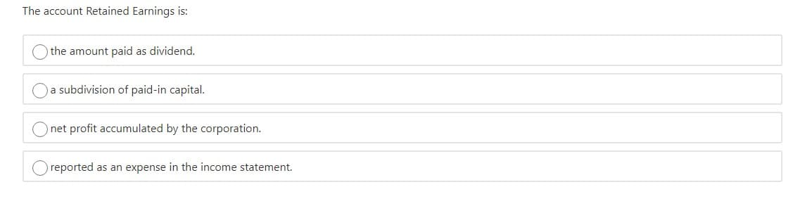 The account Retained Earnings is:
the amount paid as dividend.
a subdivision of paid-in capital.
net profit accumulated by the corporation.
reported as an expense in the income statement.
