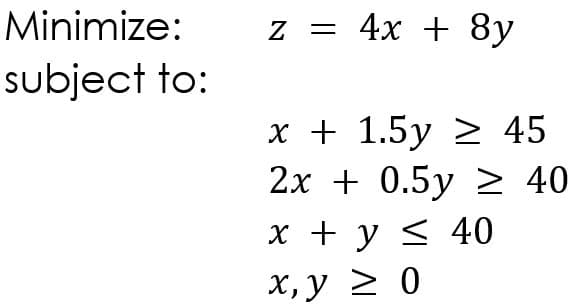 Minimize:
z = 4x + 8y
subject to:
х+ 1.5у 2 45
2х + 0.5у > 40
х + у < 40
х, у 2 0
