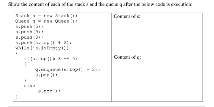 Show the content of each of the stack s and the queue q after the below code is execution:
Stack s = new Stack ();
Queue q = new Queue ();
s.push (5);
s.push (9);
s.push (3) ;
s.push (s.top () + 2);
while (!s.isEmpty ())
Content of s:
{
Content of q:
if (s.top () % 3
== 0)
q. enqueue (s.top() + 2);
s.pop () ;
}
else
s.pop ();
