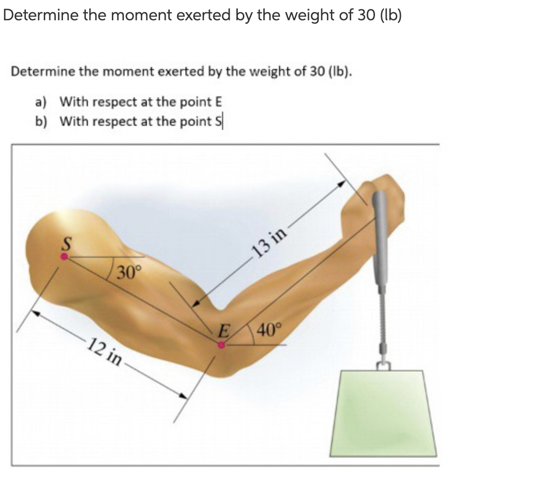 Determine the moment exerted by the weight of 30 (lb)
Determine the moment exerted by the weight of 30 (lb).
a) With respect at the point E
b) with respect at the point S
S
30°
12 in
13 in
E 40°