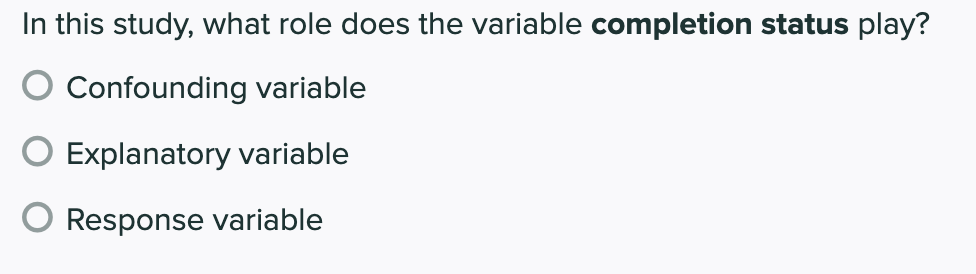 In this study, what role does the variable completion status play?
O Confounding variable
O Explanatory variable
O Response variable
